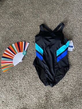 Swimsuits For All Black One-Piece Swimsuit with Teal and Royal Blue Panels